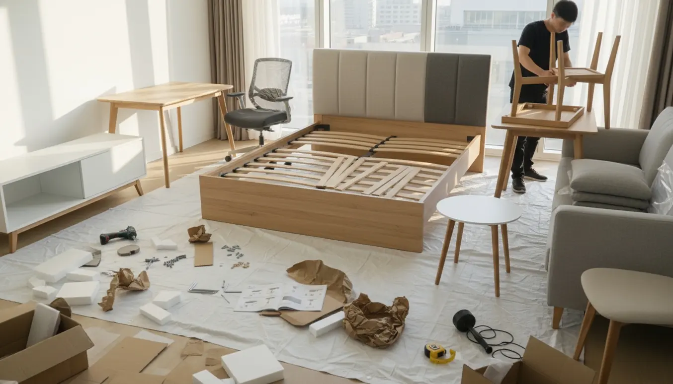 Delvist samlede møbler i en lys stue med værktøj og åbne papkasser.