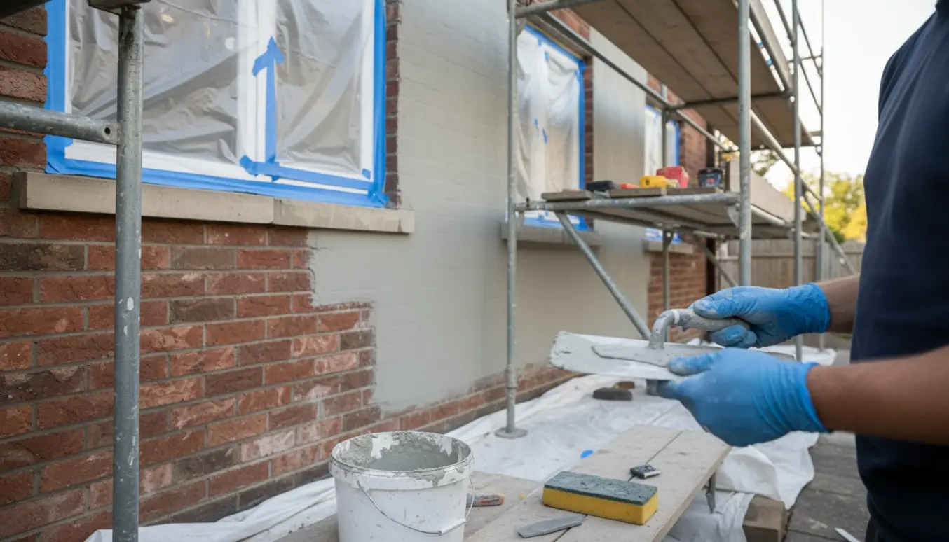 Vandskuring af rødt murstenshus med håndværker, færdigblandet mørtel og afdækning.