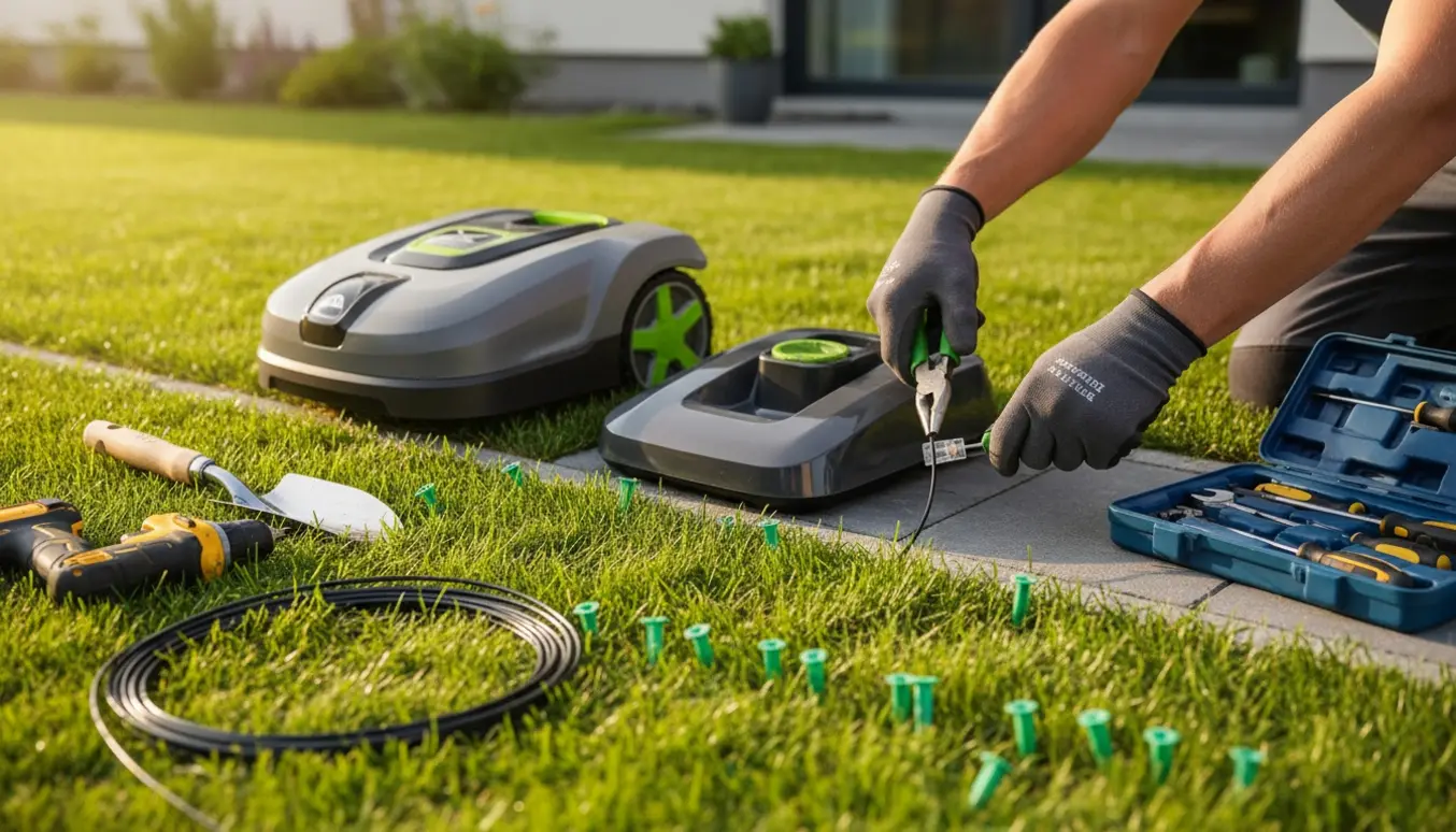 Installering af robotplæneklipper i en baghave, hvor en person fastholder installationskabel og placerer ladestation ved terrassen.