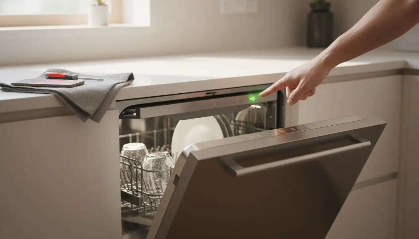 Hånd trykker på en opvaskemaskines startknap, mens et grønt lys kort blinker og begynder at slukke.