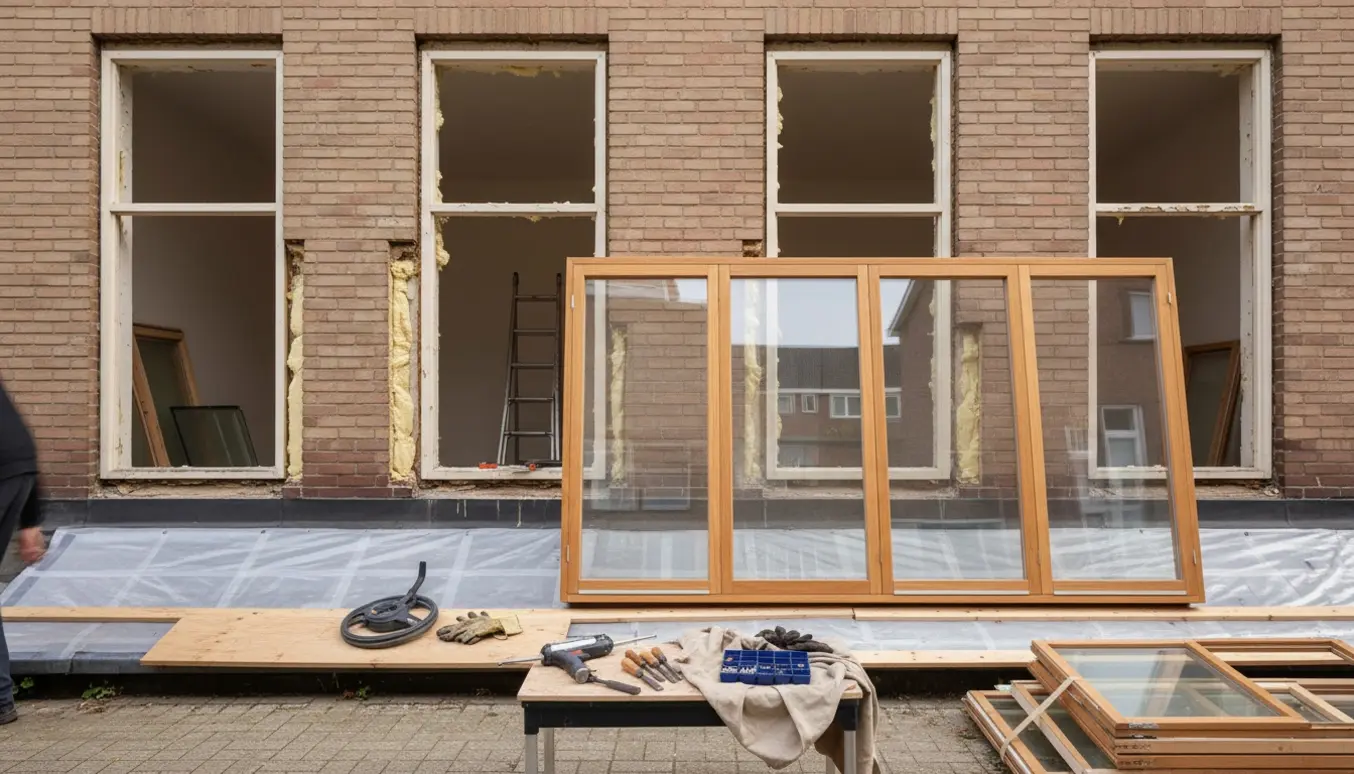 Husfacade med udskiftning af trævinduer, nye 3-lags ruder og værktøj på tag og arbejdsbord.