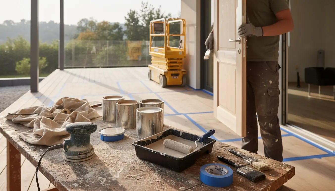En håndmaler en dørkarm med pensel, foran afdækket terrasse med plader og en lille lift.