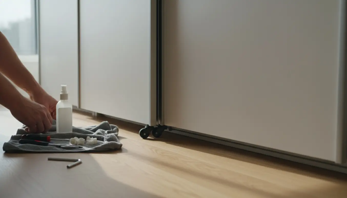 Nærbillede af hænder, der justerer skydedøre på et stort PAX-garderobeskab med værktøj og reservedele på en klud.