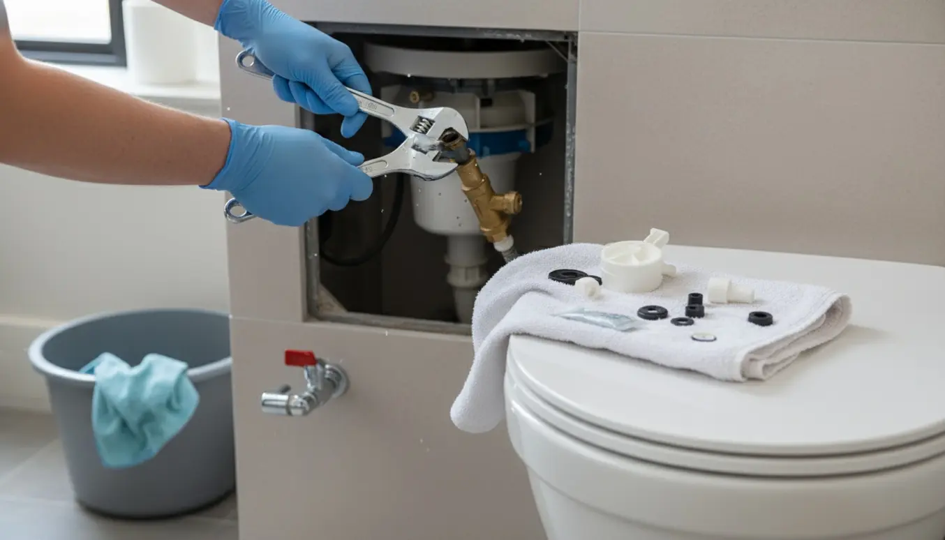 Udskiftning af flyder i en åben indbygget cisterne på et væghængt toilet med værktøj og reservedele.