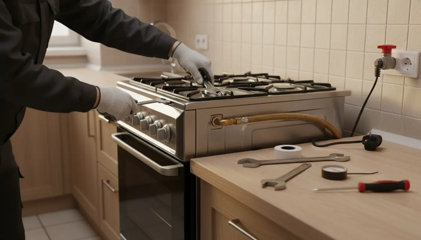 Tekniker forbinder gasflexslange til et standard komfur i et lyst køkken, kun hænder synlige.