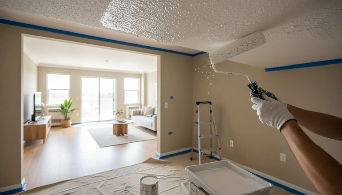 En maler maler et loft med teleskoprulle og afdækning, mens et andet rum med nymalet loft ses gennem en åben dør.