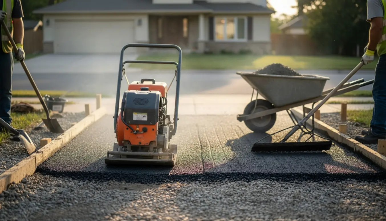 Ny asfalt lagt ved en indkørsel med komprimeringsmaskine og synligt grusunderlag.