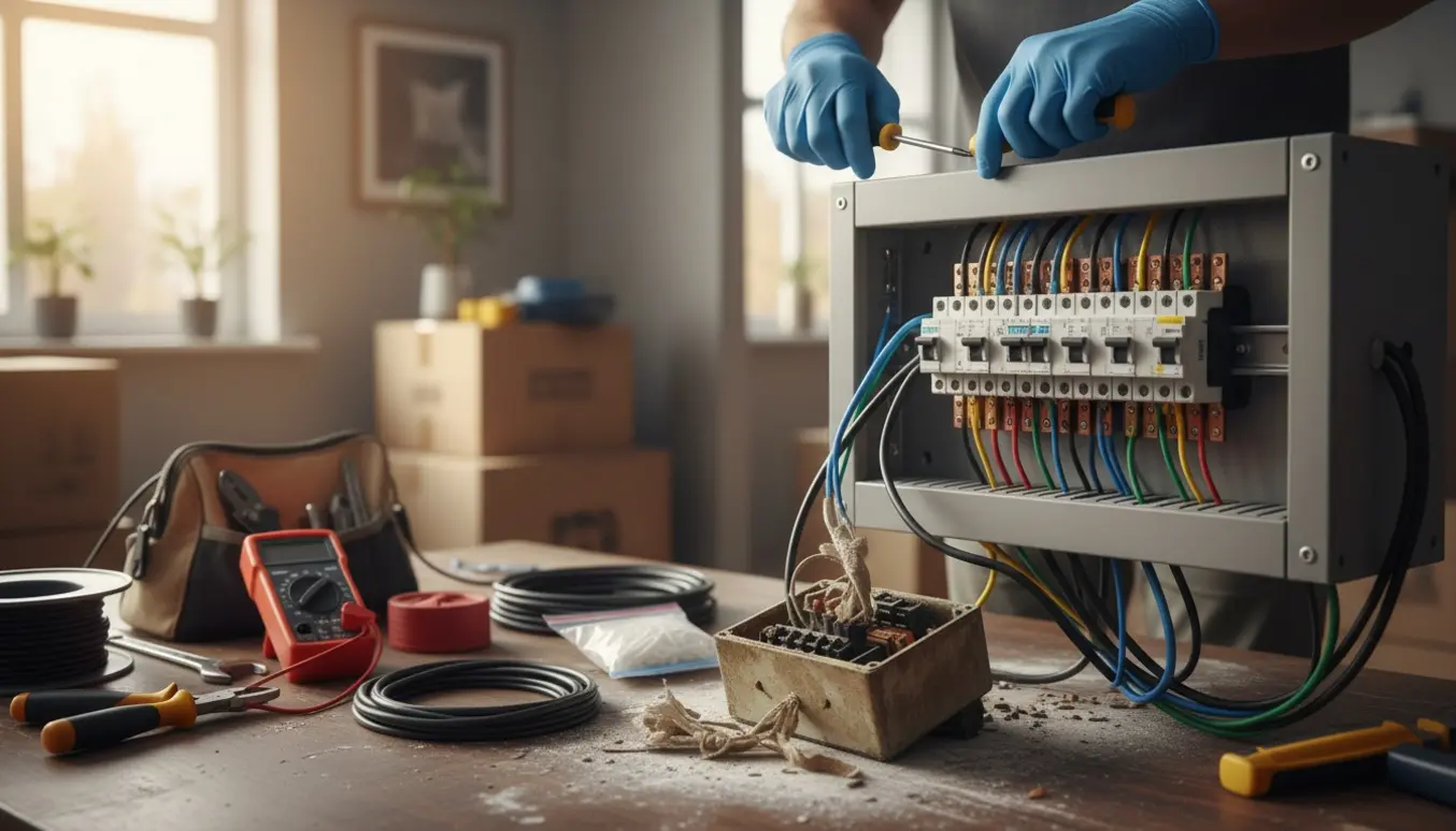 Hænder installerer en ny eltavle i et ældre hus med nye afbrydere og synlige ledninger.