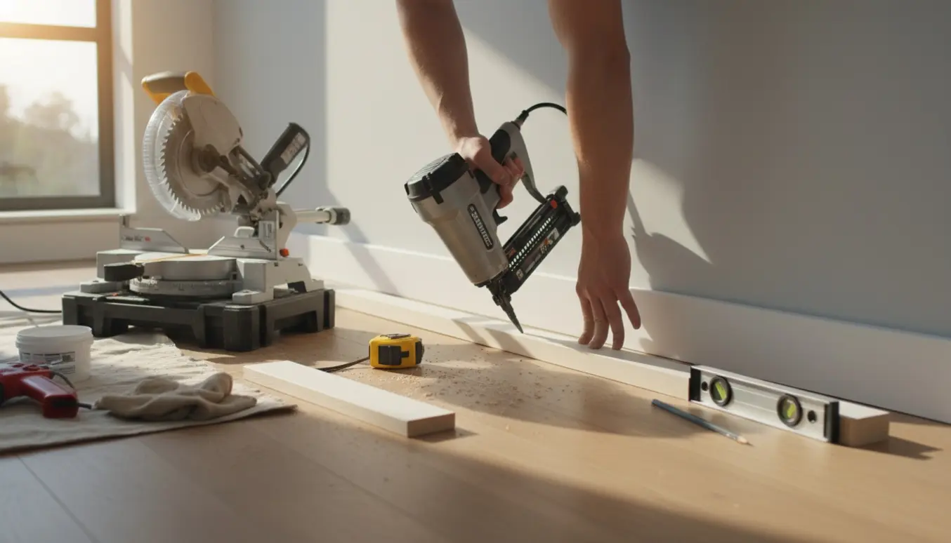 Nærbillede af montering af fodliste i et lyst rum med hænder, målebånd og sømpistol.