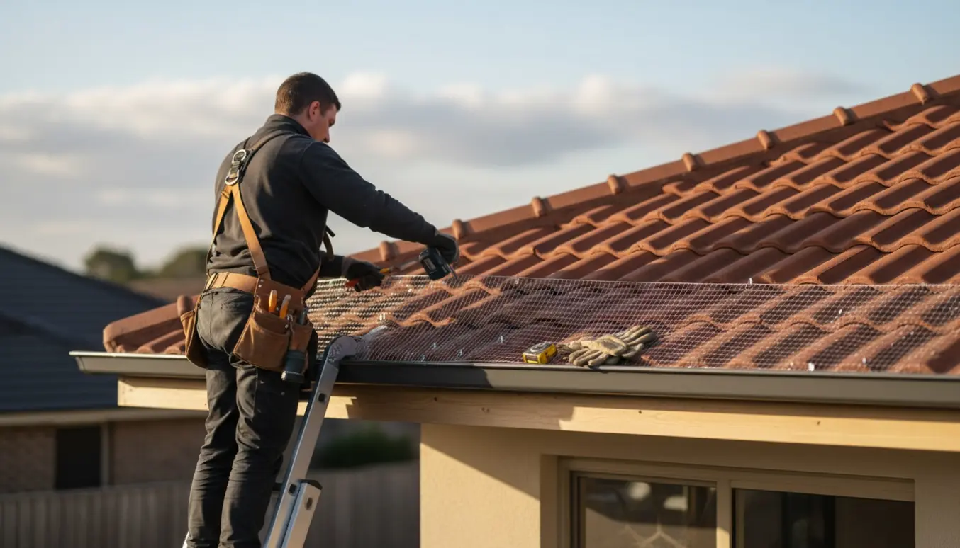 Snedker på stige monterer rustfrit fuglegitter under tagrenden med værktøj synligt.