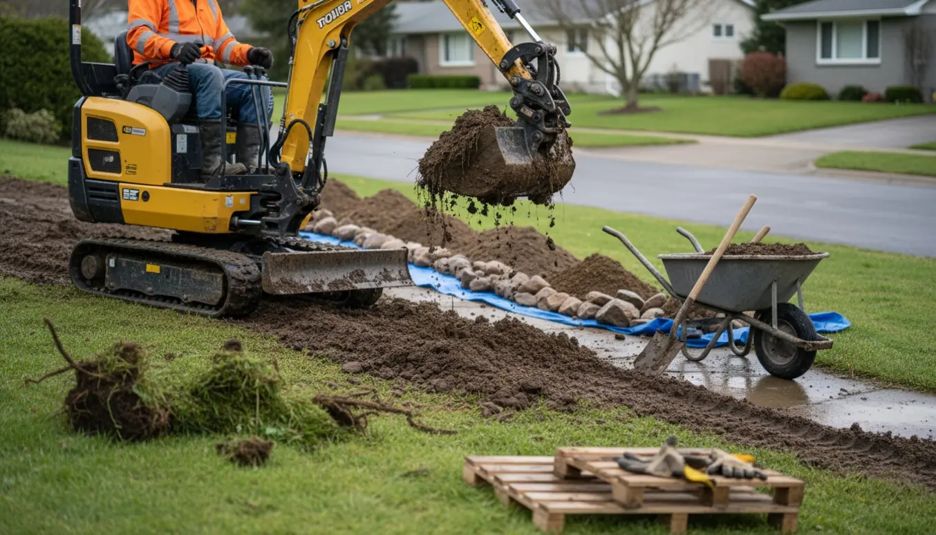 Lille gravemaskine fjerner jord fra en skråning ved fortovet efter en storm, med jordbunker og værktøj i forgrunden.