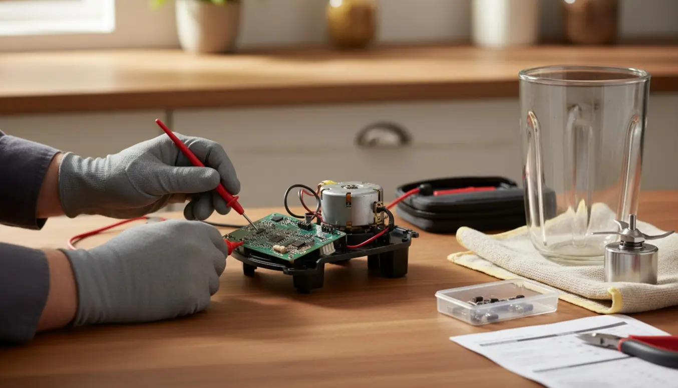 Åben højtydende blender på værkstedsbord med teknikerhænder, multimeter og udlagte reservedele.