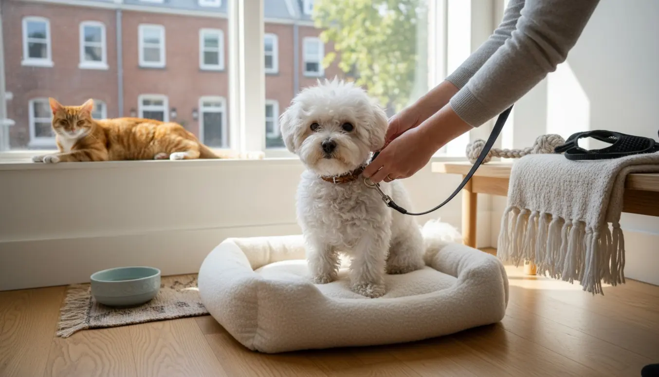 En hundepasser sætter snor på en lille hvid Bichon i en lys, nordisk stue med en kat på vindueskarmen.