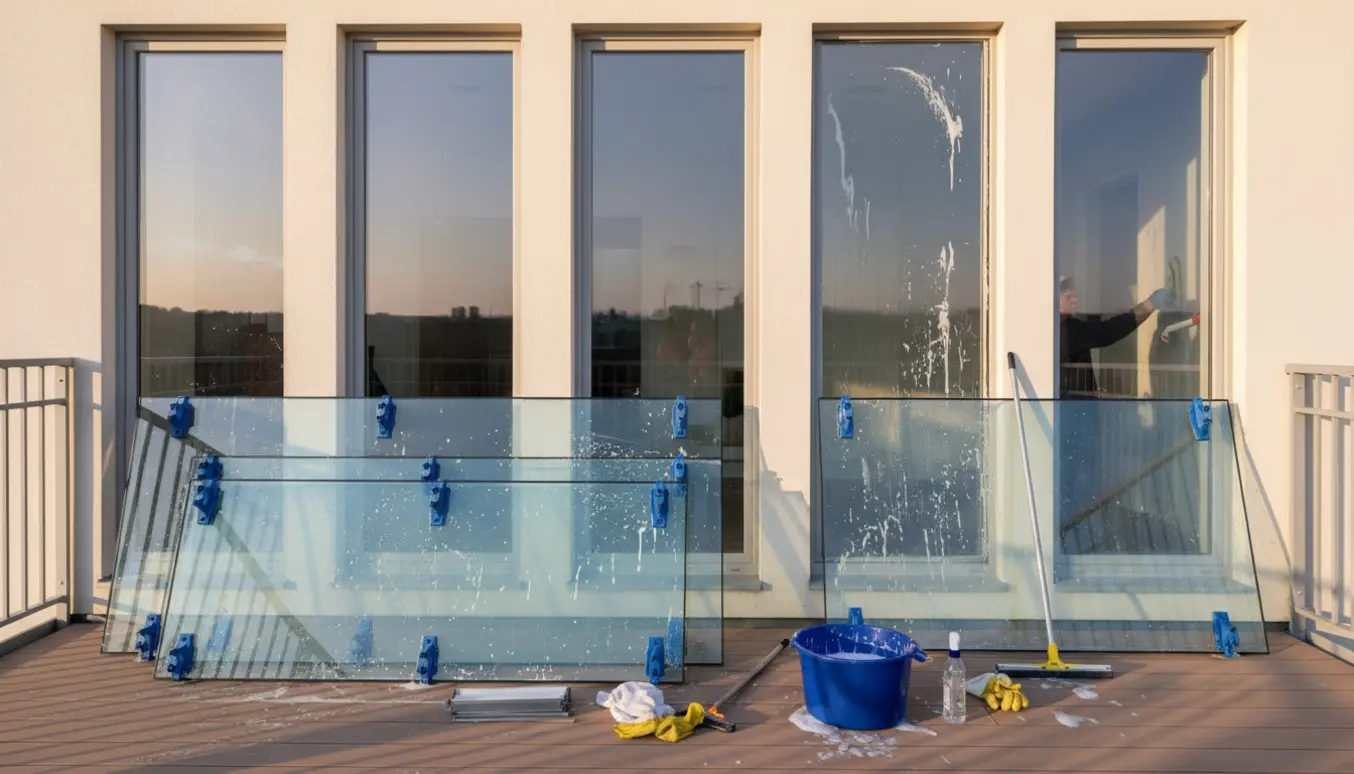 Hænder pudser vinduer udefra fra en terrasse med stak af altanglas og rengøringsredskaber.