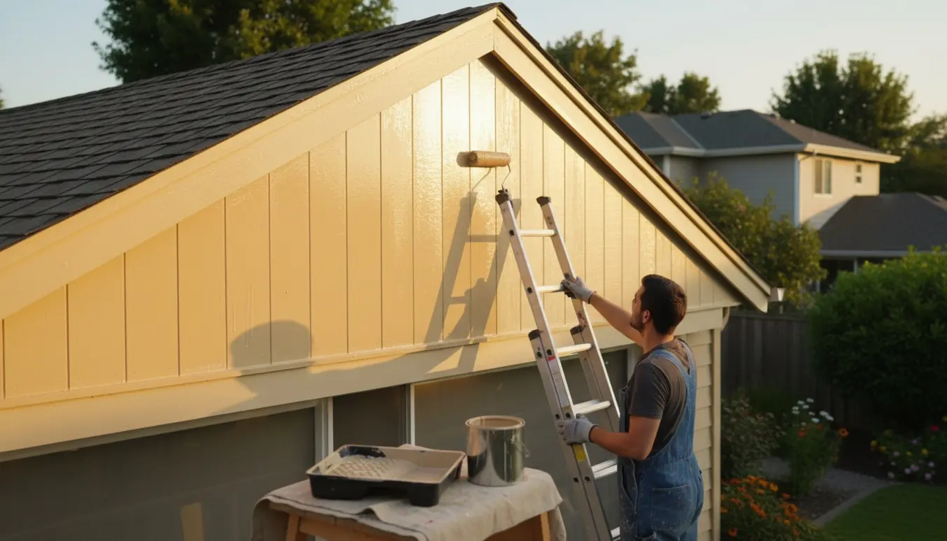 En person maler en husgavl med rulle og åben malerbøtte, med et tydeligt halvmalet før-og-efter-udtryk.
