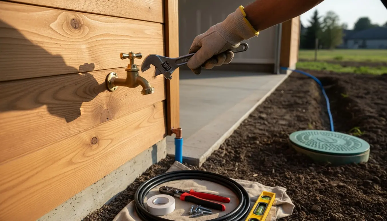 Hænder monterer en udendørshane på en træfacade med synlig vandledning og garageindgang i baggrunden.