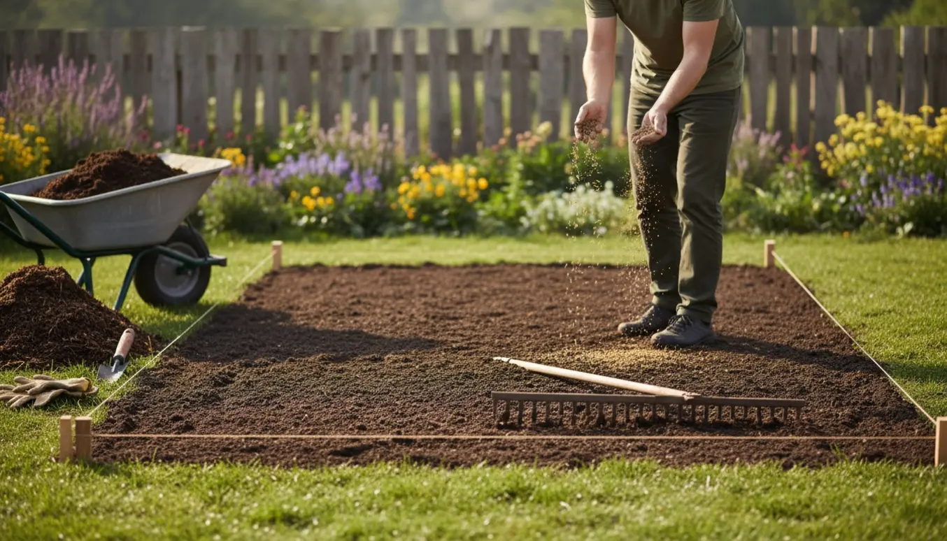 Forberedelse af en ny græsplæne i en baghave med opkløvet jord, rive, trillebør og hænder, der sår frø.