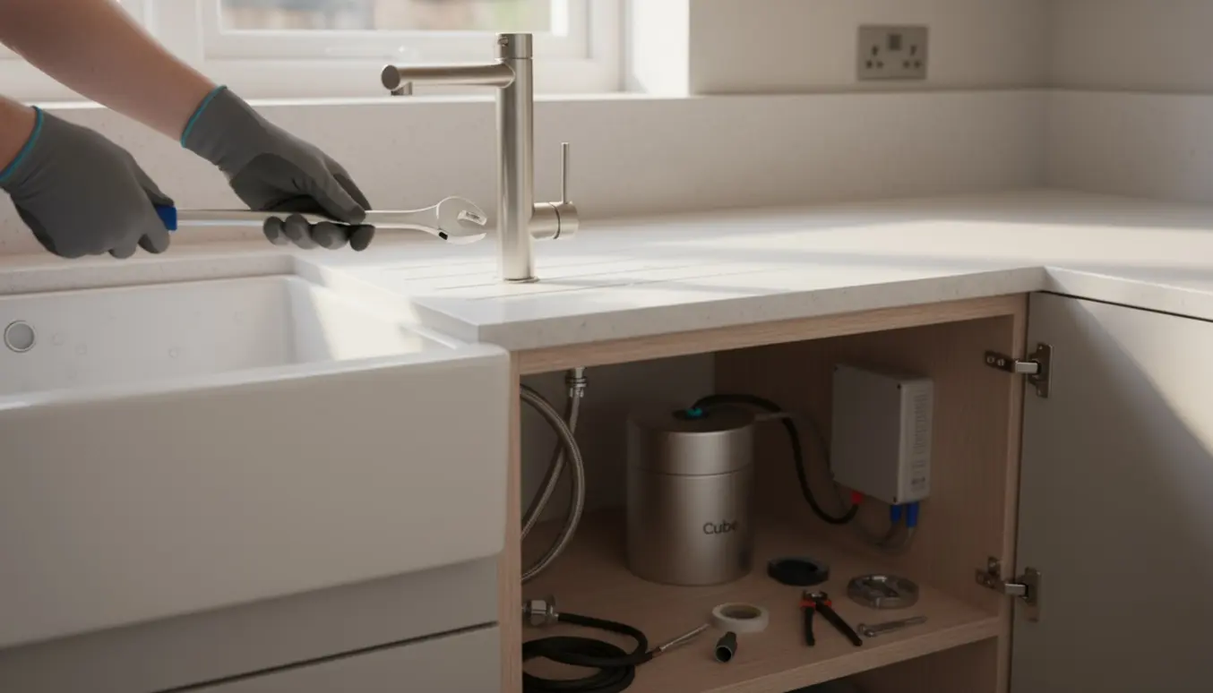 Montering af Quooker Flex i et nyt køkken med Cube-enheden synlig i underskabet.