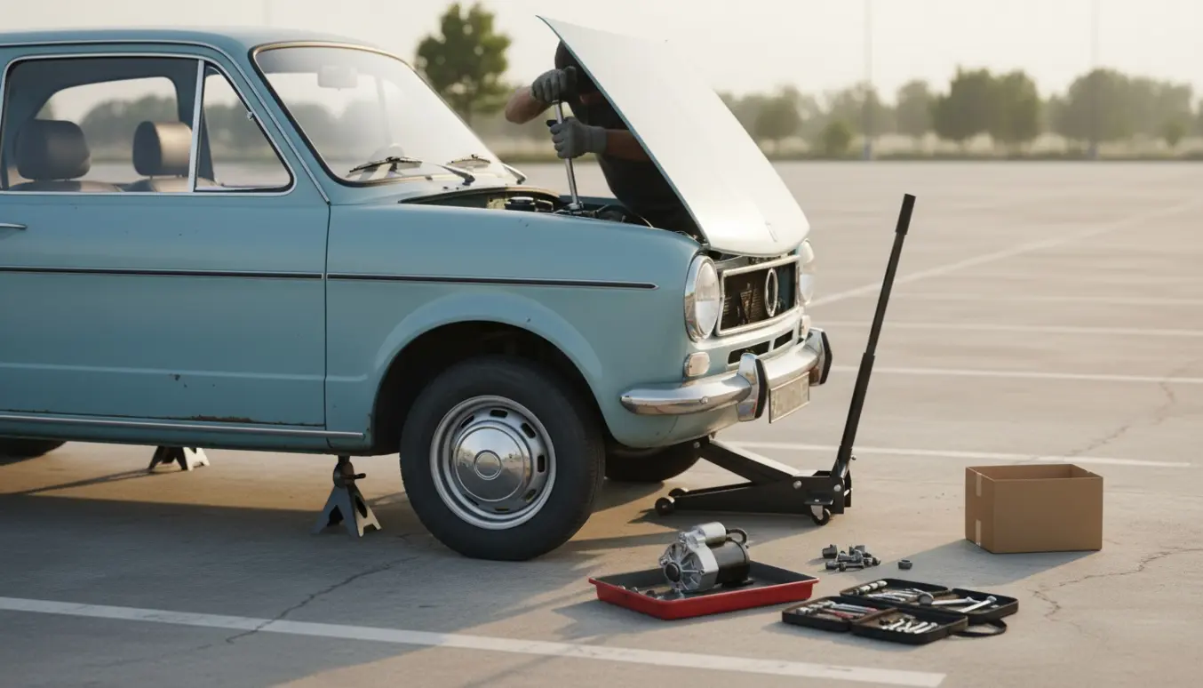 En lille bybil med åben motorhjelm på en parkeringsplads, hvor en person udskifter starteren med værktøj og en ny reservedel ved siden af.