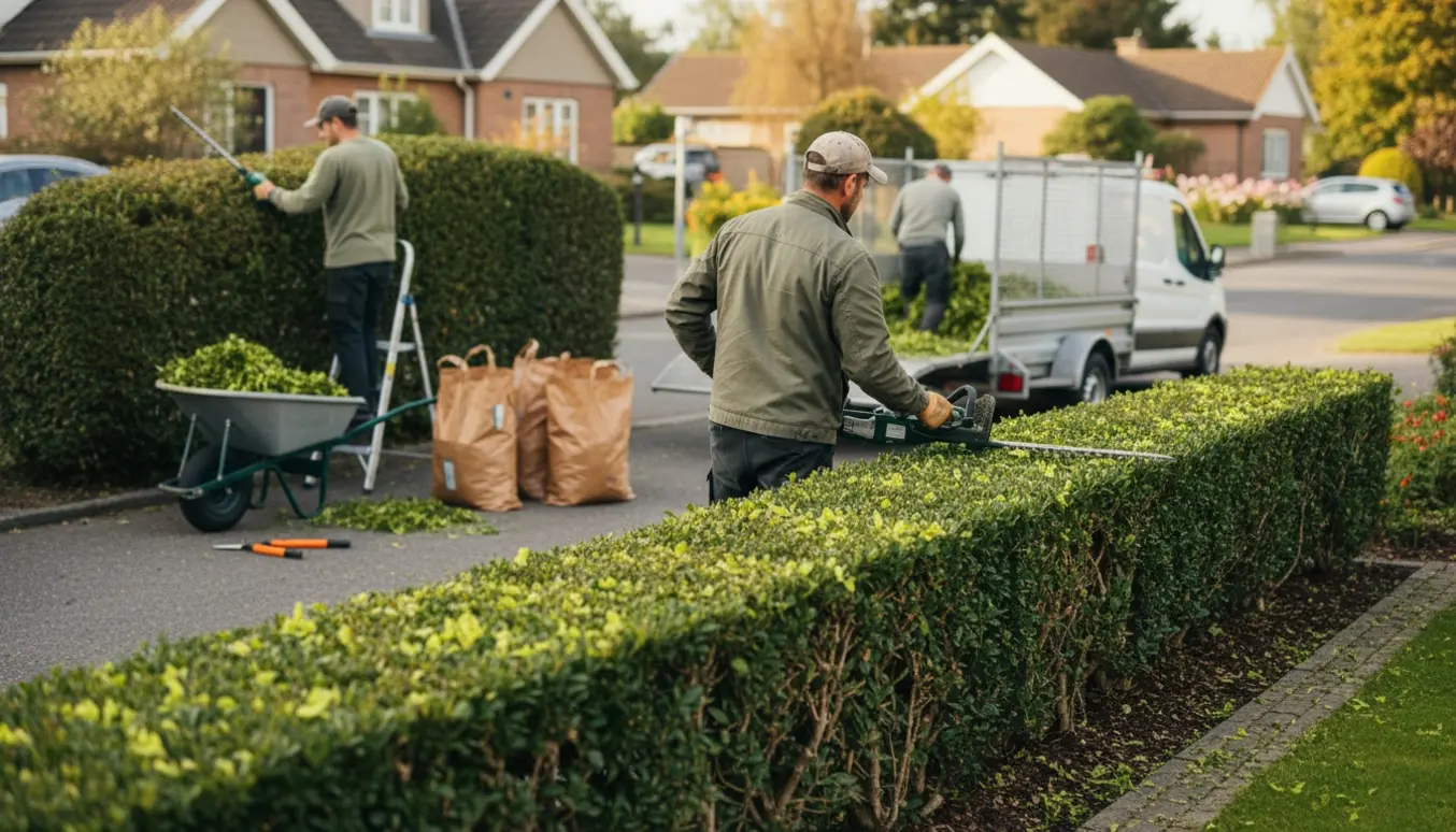 Håndværkere trimmer en grøn hæk i et villakvarter og læsser hækaffald i trailer og sække.