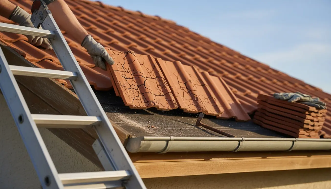 Nærbillede af tre frostskadede vingetegl på et lavt hældningstag med stige og nye tegl klar til udskiftning.