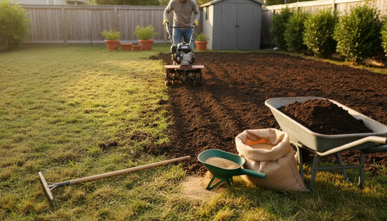 En have hvor en gammel græsplæne er fræset op og forberedes til ny såning med fræser, rive og græsfrø.
