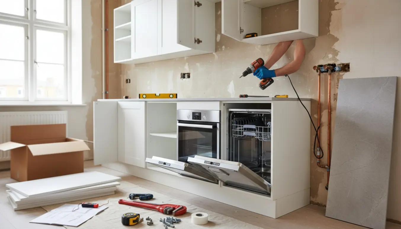Håndværker monterer nyt hvidt køkken med værktøj, åben VVS under vasken og indbyggede hvidevarer.