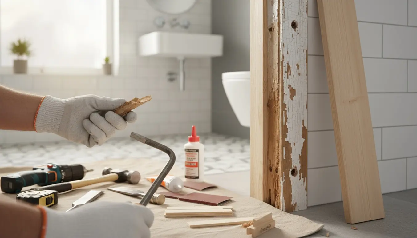 Nærbillede af beskadiget badeværelsesdørkarm under undersøgelse med værktøj og nyt karmstykke klar til udskiftning.