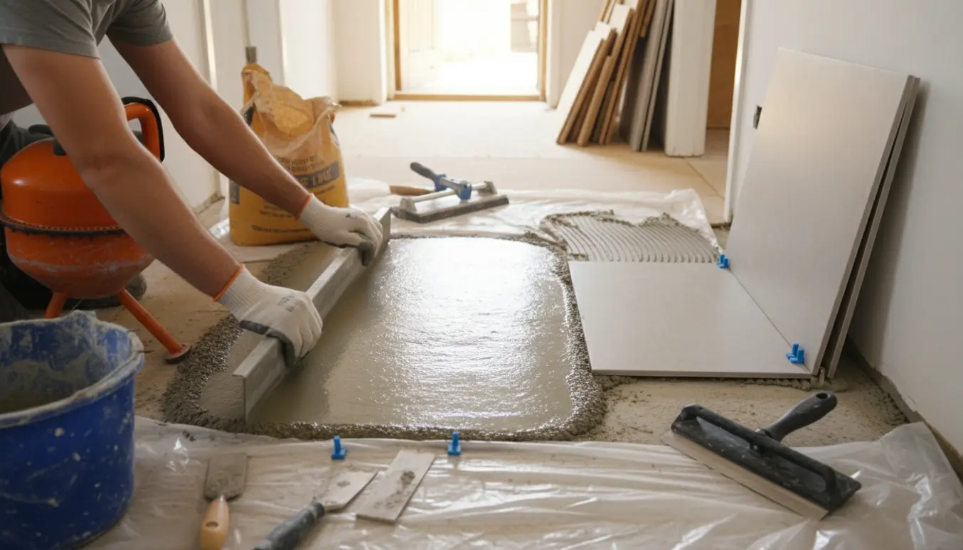 Gang under renovering med udglattet beton og delvist lagte fliser.