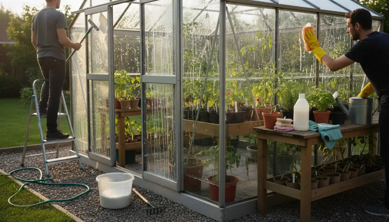 Et rent, kompakt glassdrivhus hvor hænder rengør ruderne med spand, skraber og svamp.