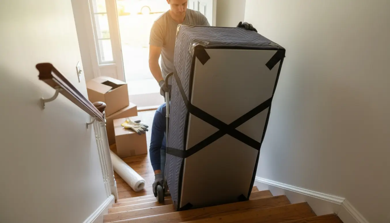 Et kompakt køleskab bæres ned ad en lejlighedstrappe af to flyttemænd, ansigter ikke synlige.