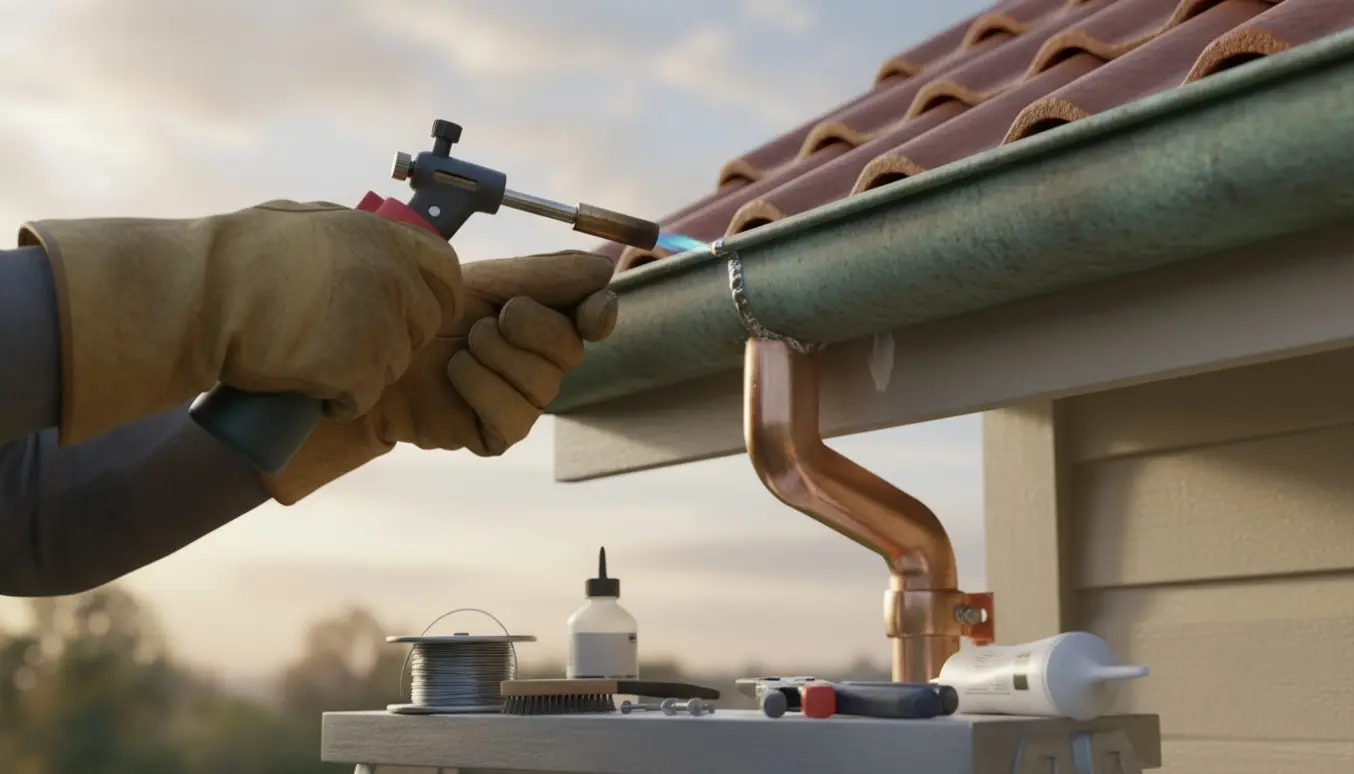 Nærbillede af handskerede hænder, der lodder en tagrende og monterer et nyt stykke nedløbsrør.