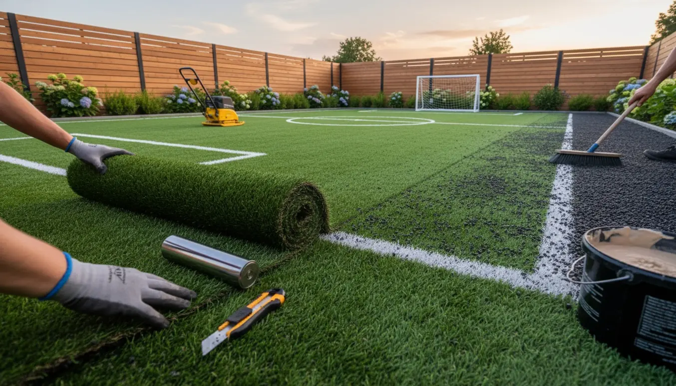 Installering af en 10x20 meter kunstgræsbane i en lille baghave med ruller græs, fugearbejde og værktøj.