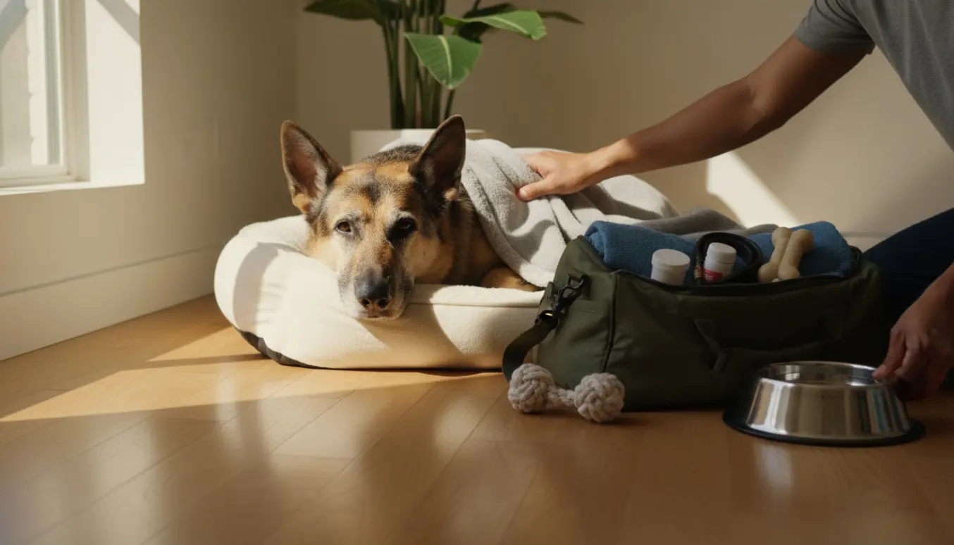 En rolig, ældre schæferhund hviler på en blød hundeseng i et lyst hjem omgivet af pasningsudstyr.