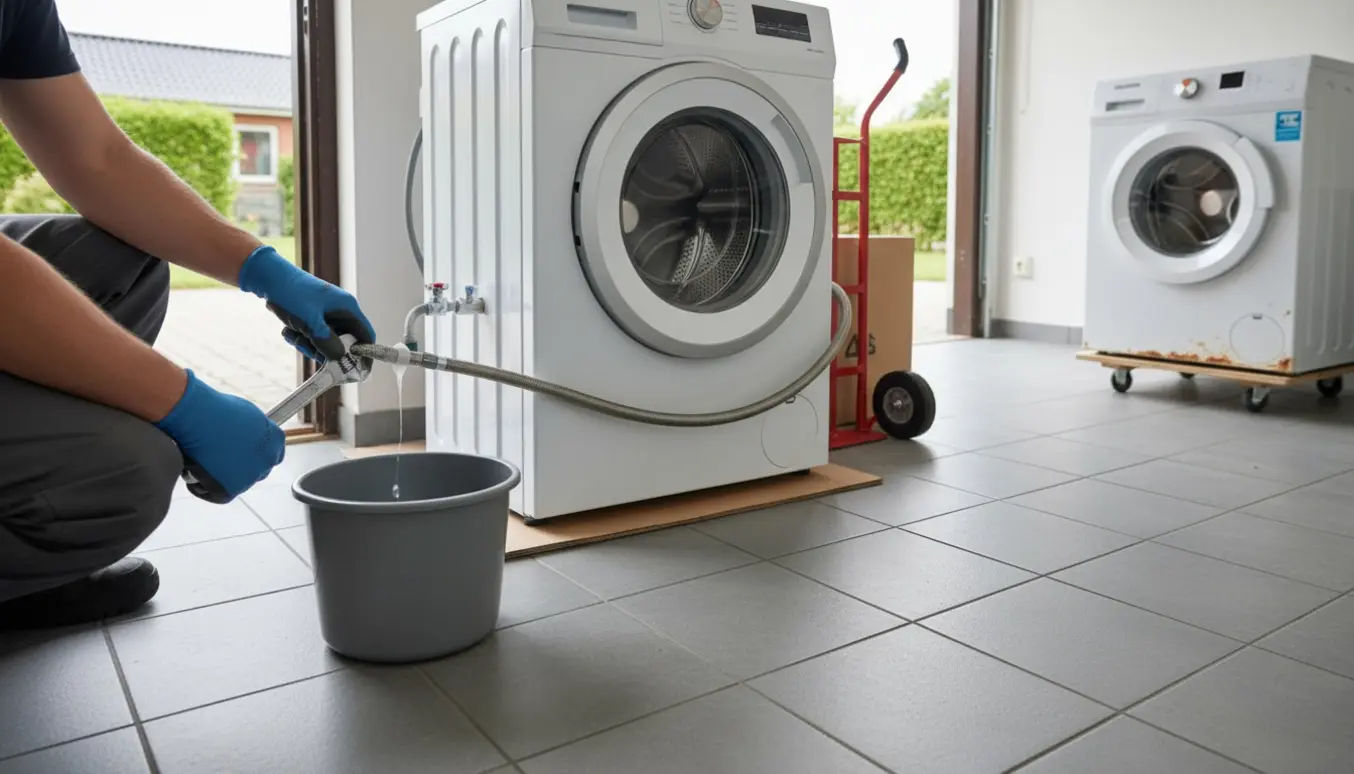 Hænder i arbejdshandsker monterer slanger på en ny vaskemaskine i en åben bryggersdør, mens den gamle står klar i garagen.