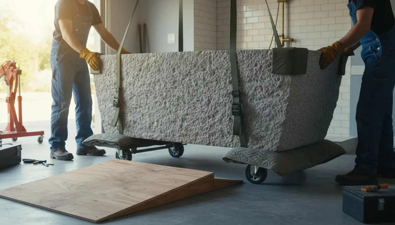 Et massivt stenbadekar bliver forsigtigt flyttet fra garage ind i et nyt badeværelse med løftestropper og rulleplatform.