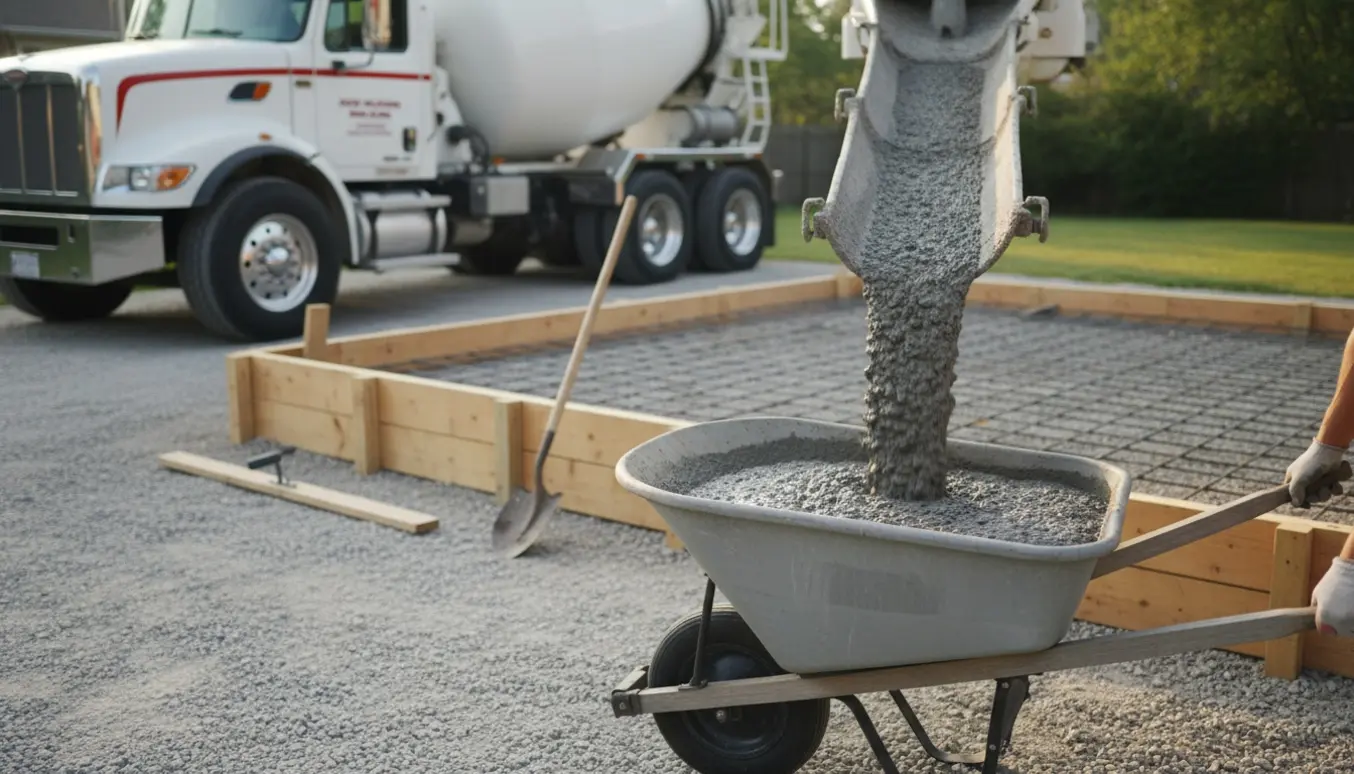 Færdigbeton hældes fra en trucks chute i en trillebør foran et skur med form og armeringsnet.