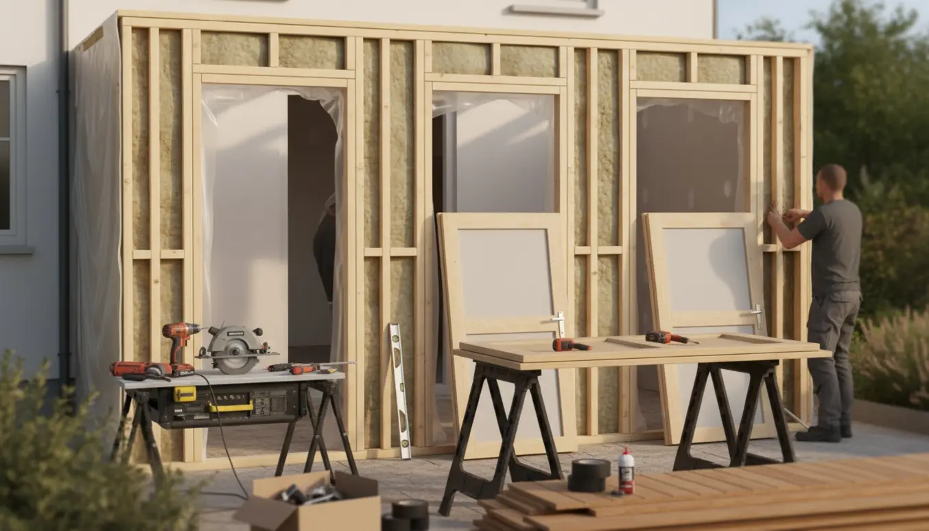 Delvist færdigt isoleret skur monteret op ad huset med tre døråbninger og byggematerialer i forgrunden.