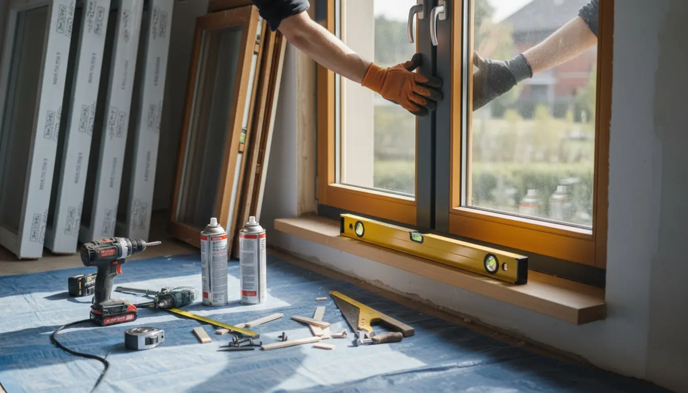 Montering af et træ‑alu vindue indvendigt med håndværkerhænder, værktøj og flere nye vinduer i baggrunden.