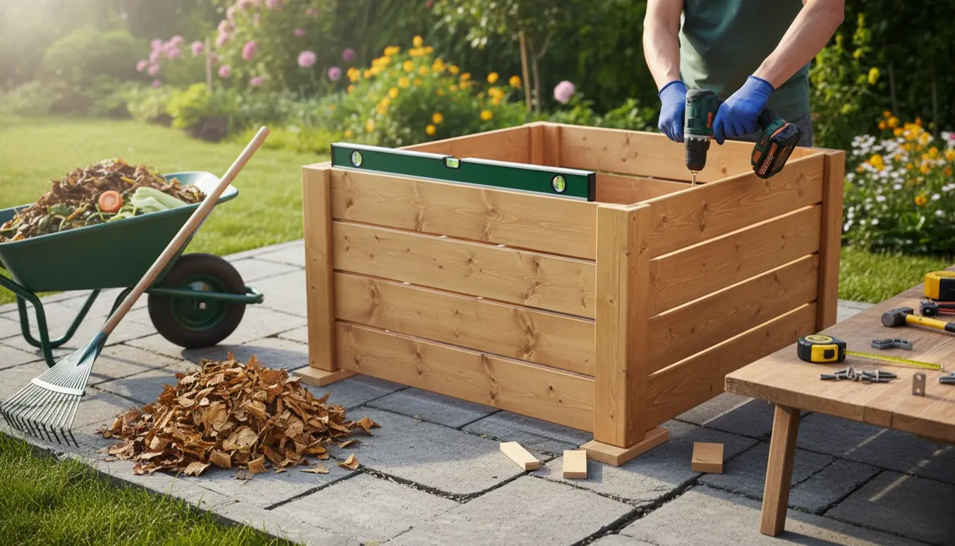 Trævarmekompost under opbygning på ujævn flisegrund med værktøj og kiler til nivellering.