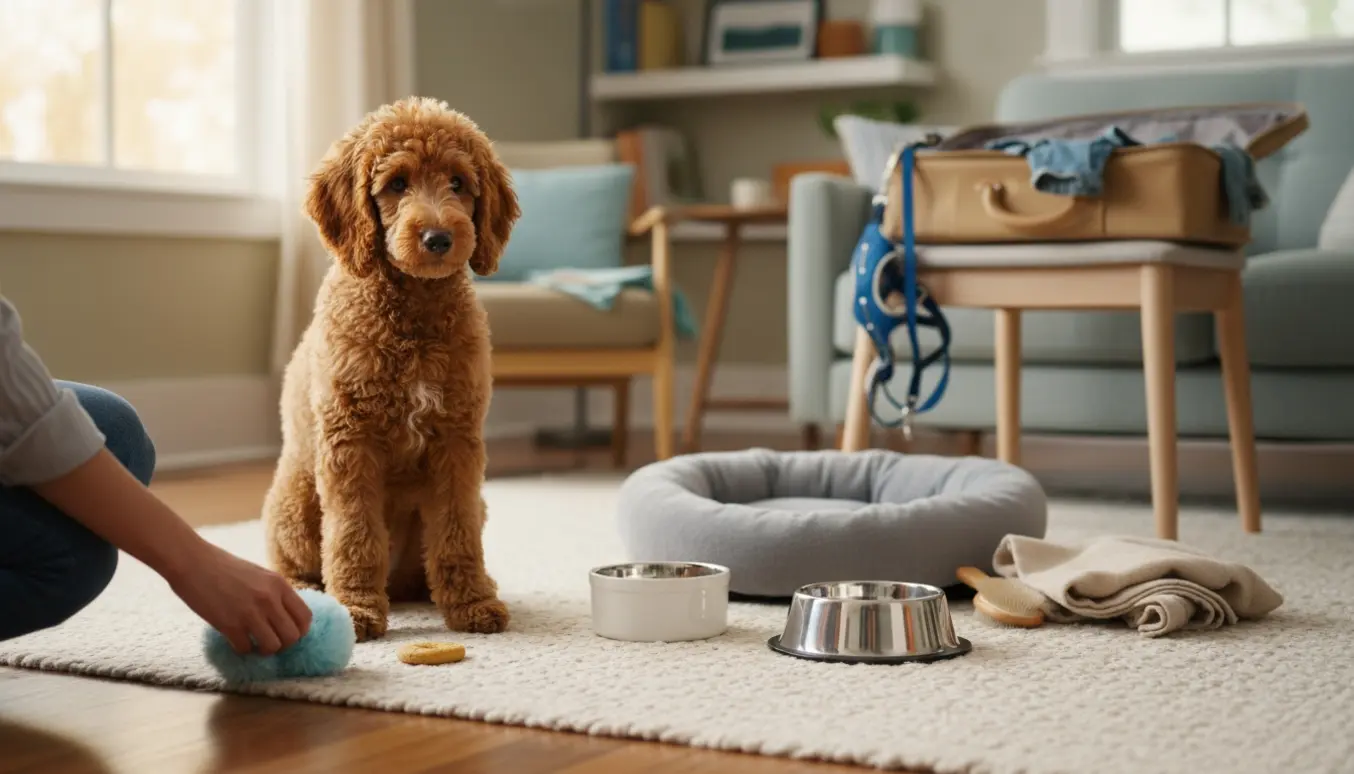 En ung kongepuddel sidder i en lys stue, mens en dyrepasser forbereder legetøj, snor og madskål.