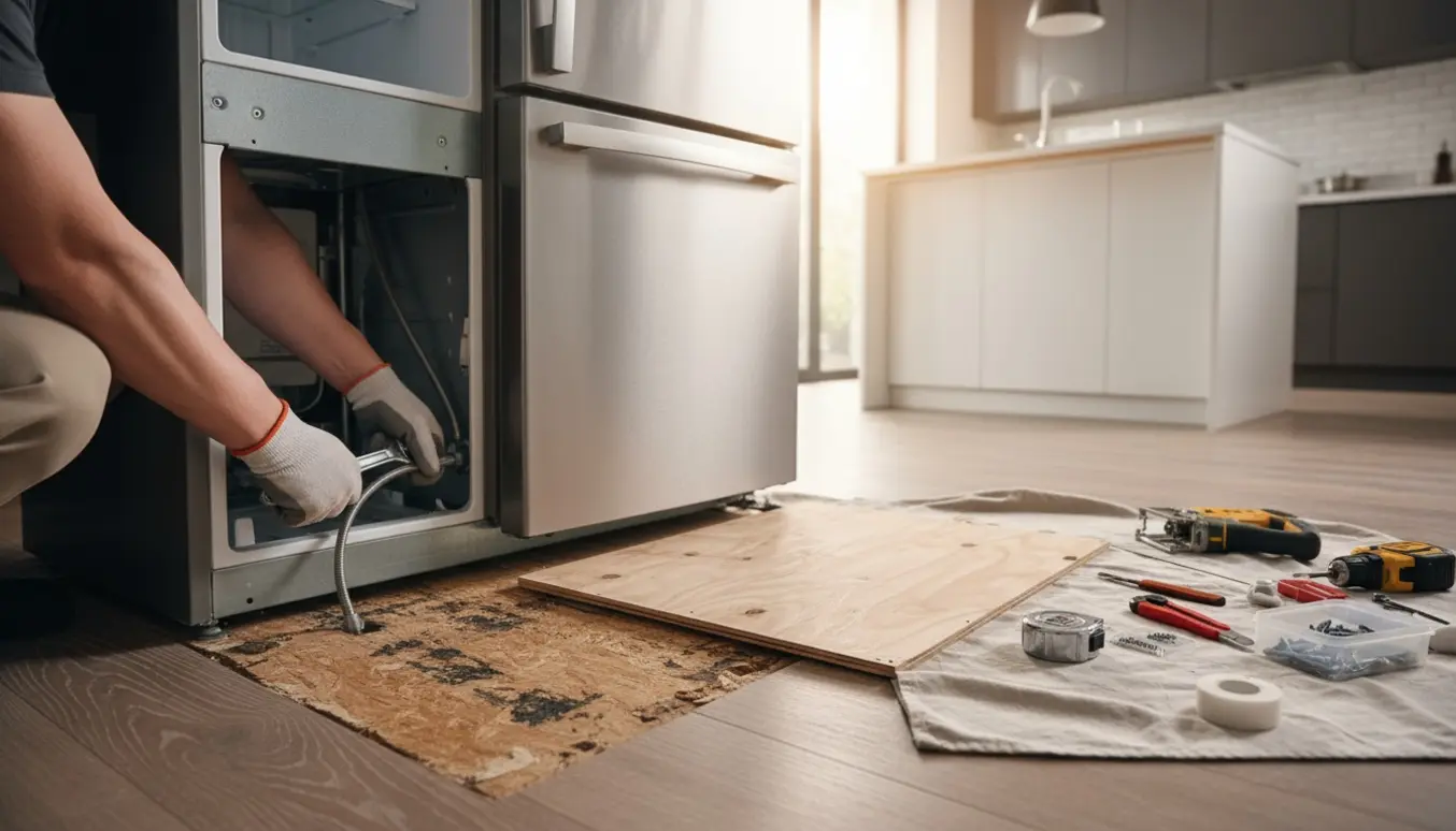 Køleskab trukket ud mens hænder afmonterer vandtilslutningen og udskifter en fugtskadet plade under apparatet.