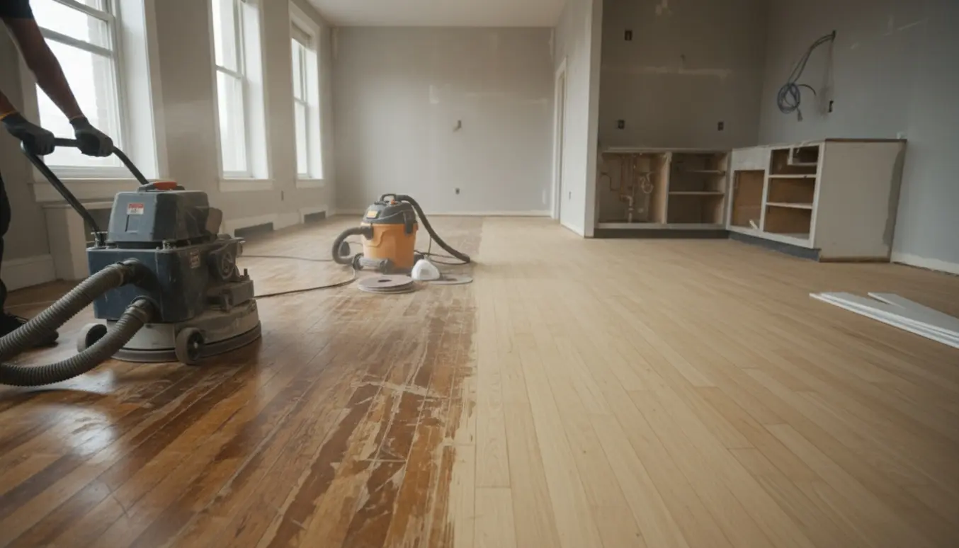 Delvist slebet gulv i en lejlighed under renovering med gulvslibermaskine og det nedrevne køkken synligt.