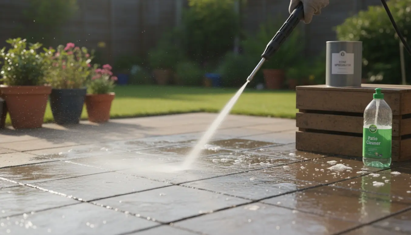 Nærbillede af fliser, hvor en højtryksrenser fjerner snavs, med sæbe og imprægnering i baggrunden.