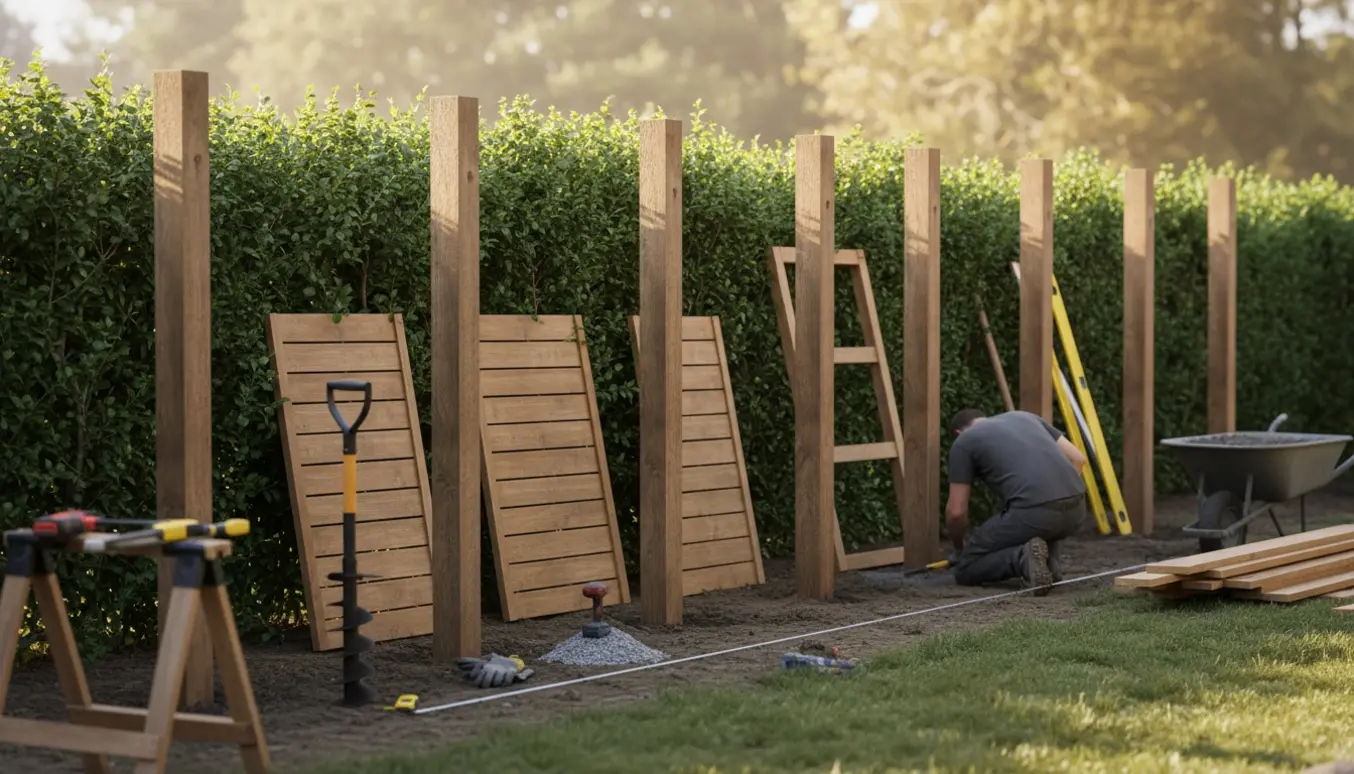 Opsætning af 180 cm klinkehegn og låge langs en bevaret hæk, med stolper, værktøj og en håndværker vendt væk fra kameraet.