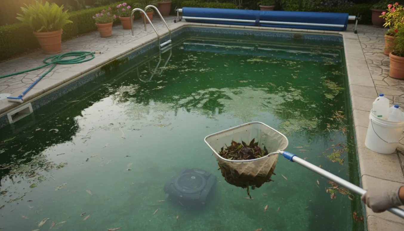 Hænder i handsker fjerner blade og alger fra en grøn, ubenyttet baghavepool.