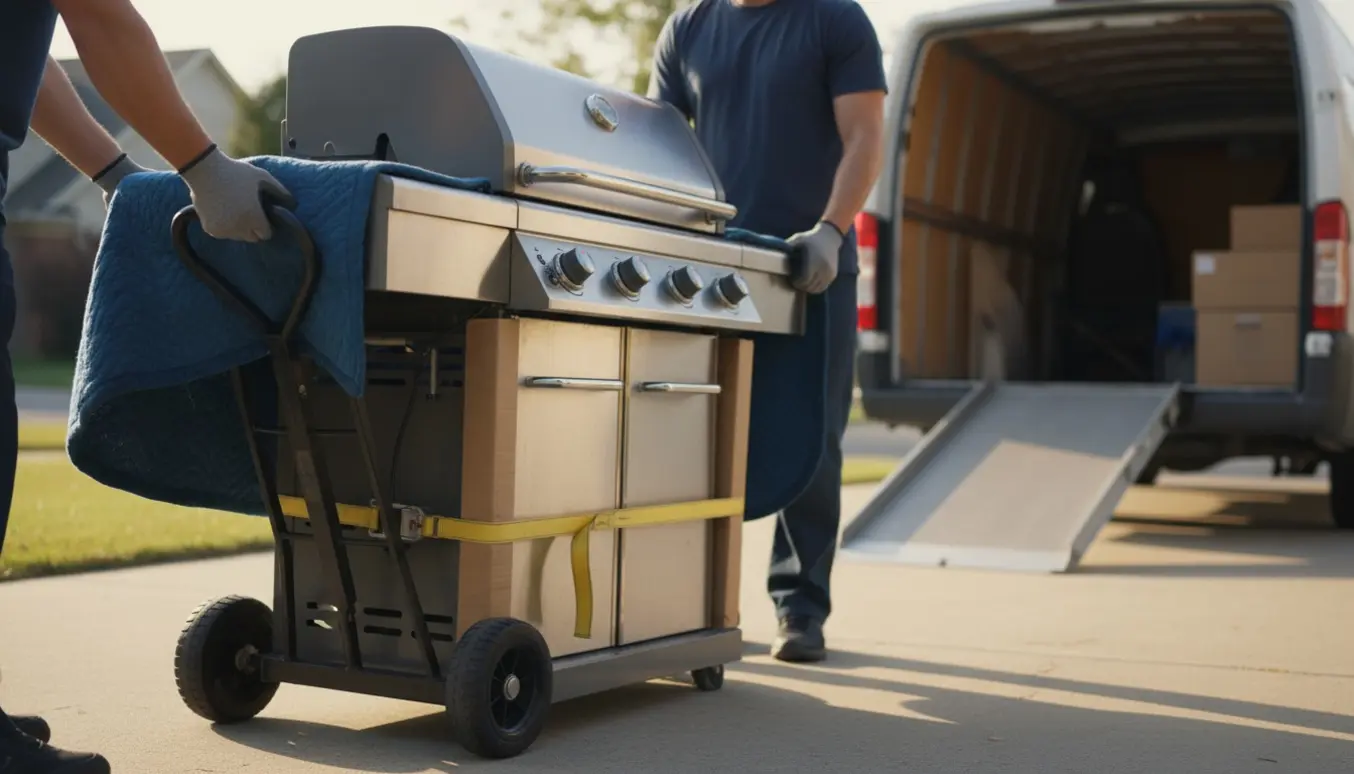 To flyttefolk læsser en stor rustfri gasgrill på en håndvogn og spænder den fast ved en åben flyttevogn.