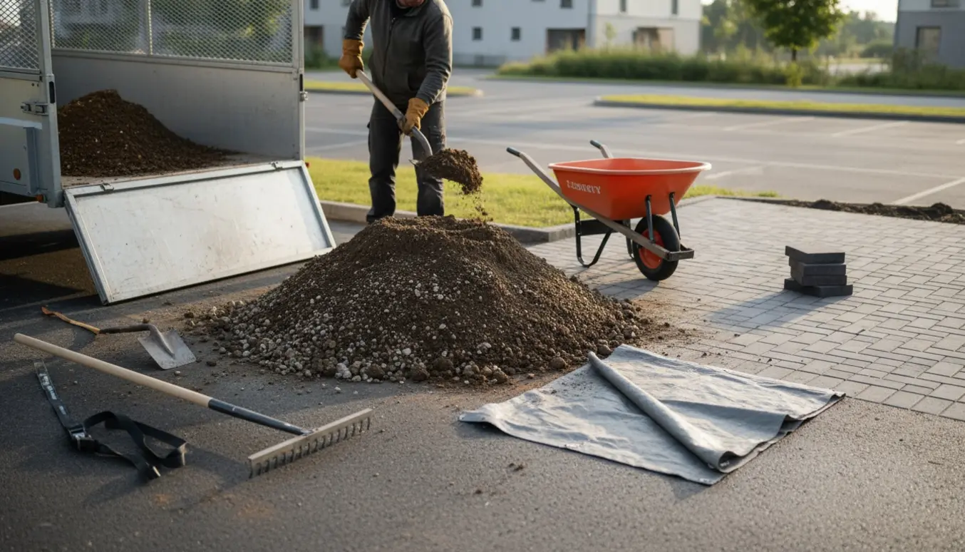 En bunke ren jord og grus på en parkeringsplads læsses i en trailer med skovl og trillebør ved siden af.