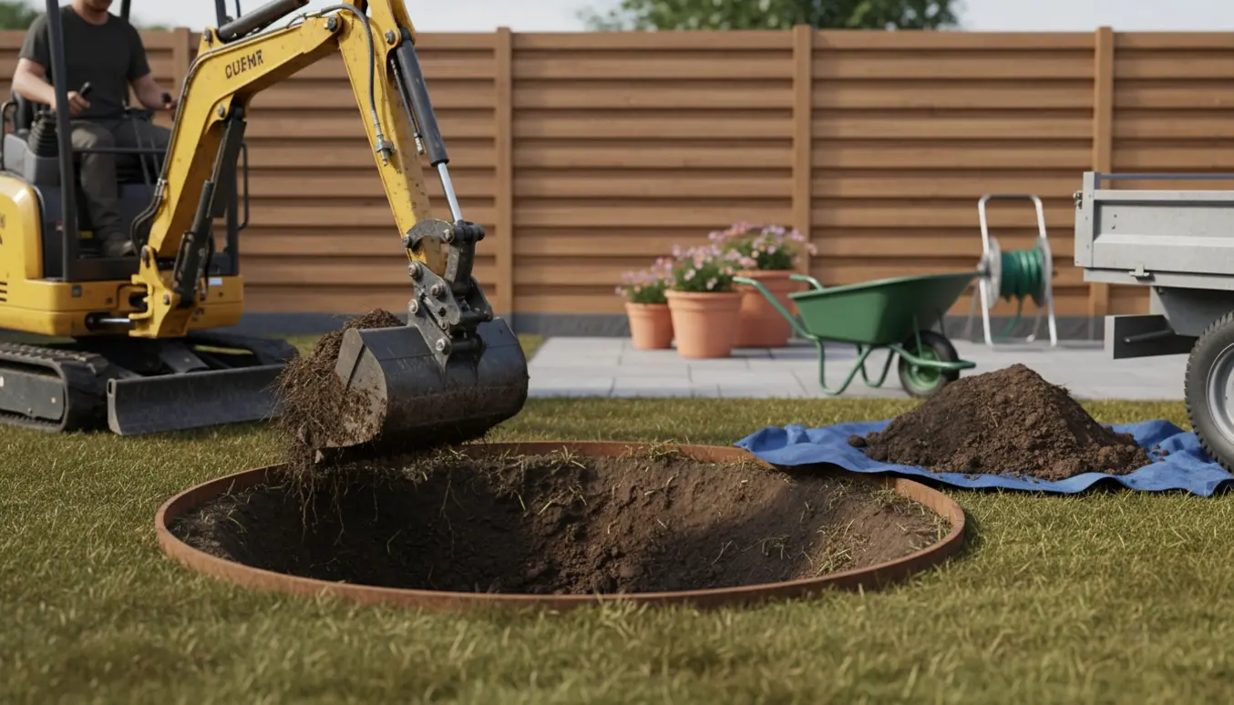 Mini-gravemaskine fjerner jord fra et rundt hul efter en nedgravet trampolin i en privat have.
