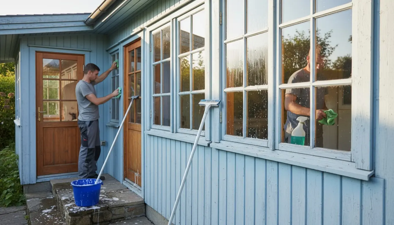 Et solbeskinnet etplans sommerhus med småsprossede vinduer, hvor indvendig og udvendig vinduespolering er i gang med skraber, klude og stige.